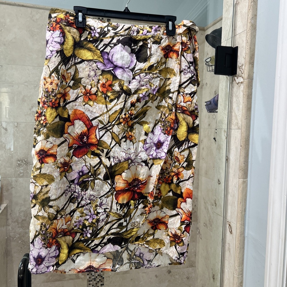Chicos Womens Skirt Size 2 Multicolor Floral 100% Linen Faux Wrap Elastic Waist